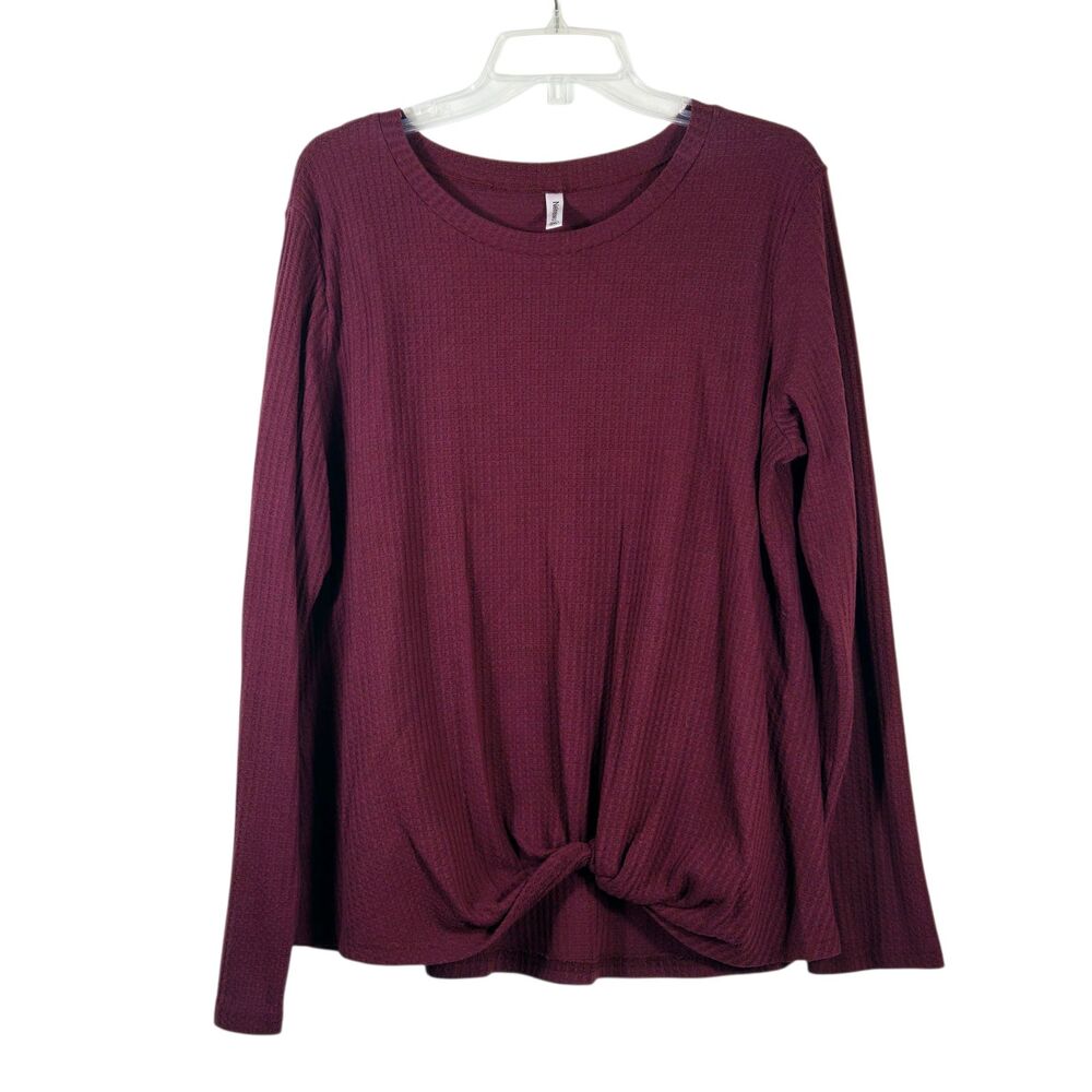 Neineiwu 2XL Maroon Burgundy Waffle Knit Knot-Front Long Sleeve Top